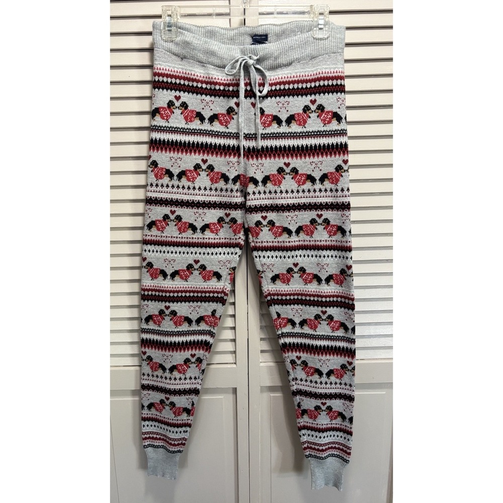 American Eagle Sweater Joggers Size M Holiday Dog Gray/Red Tie Waist Soft